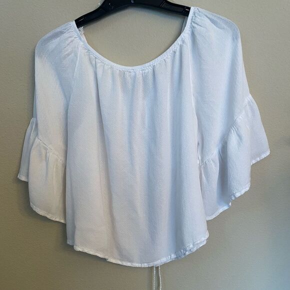 Lush flutter sleeve soft white blouse with tassels size L - Picture 3 of 4